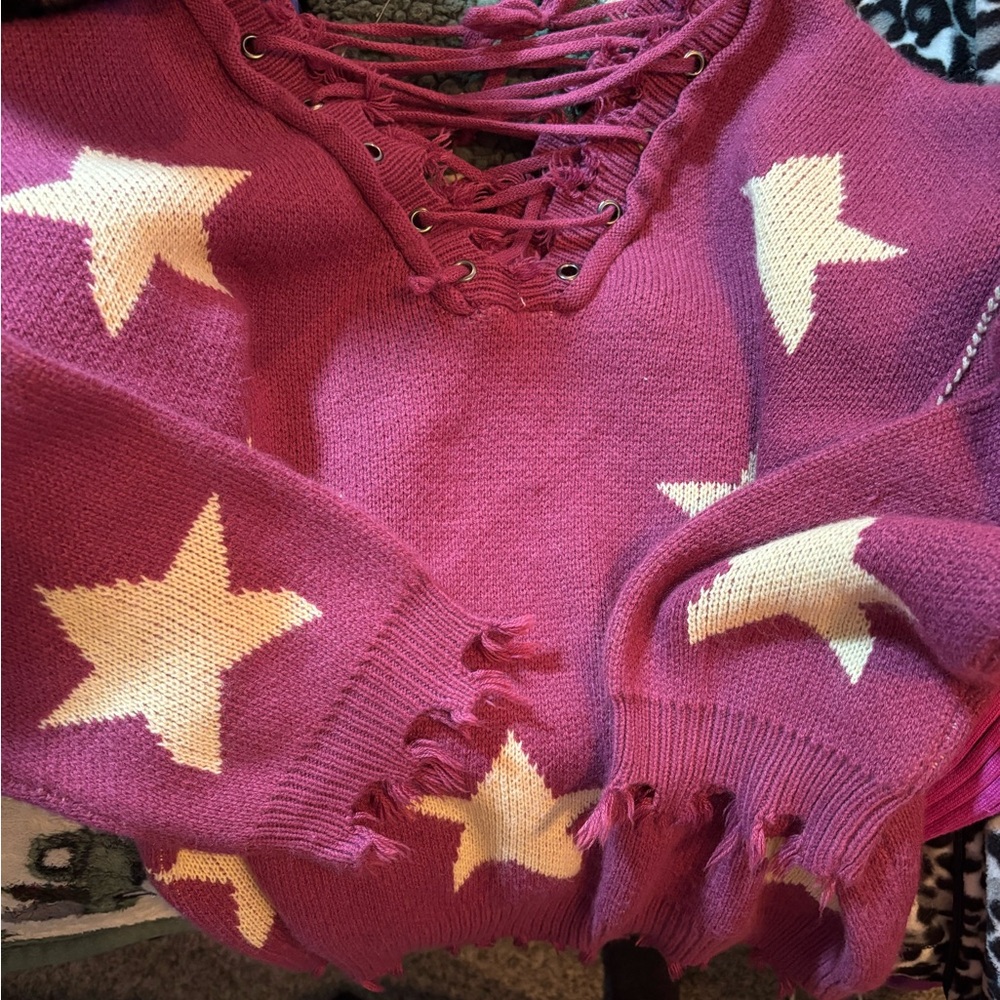 𝅺pol Boho Sweater w/ Tattered Edges & Lace-Up Front/Back